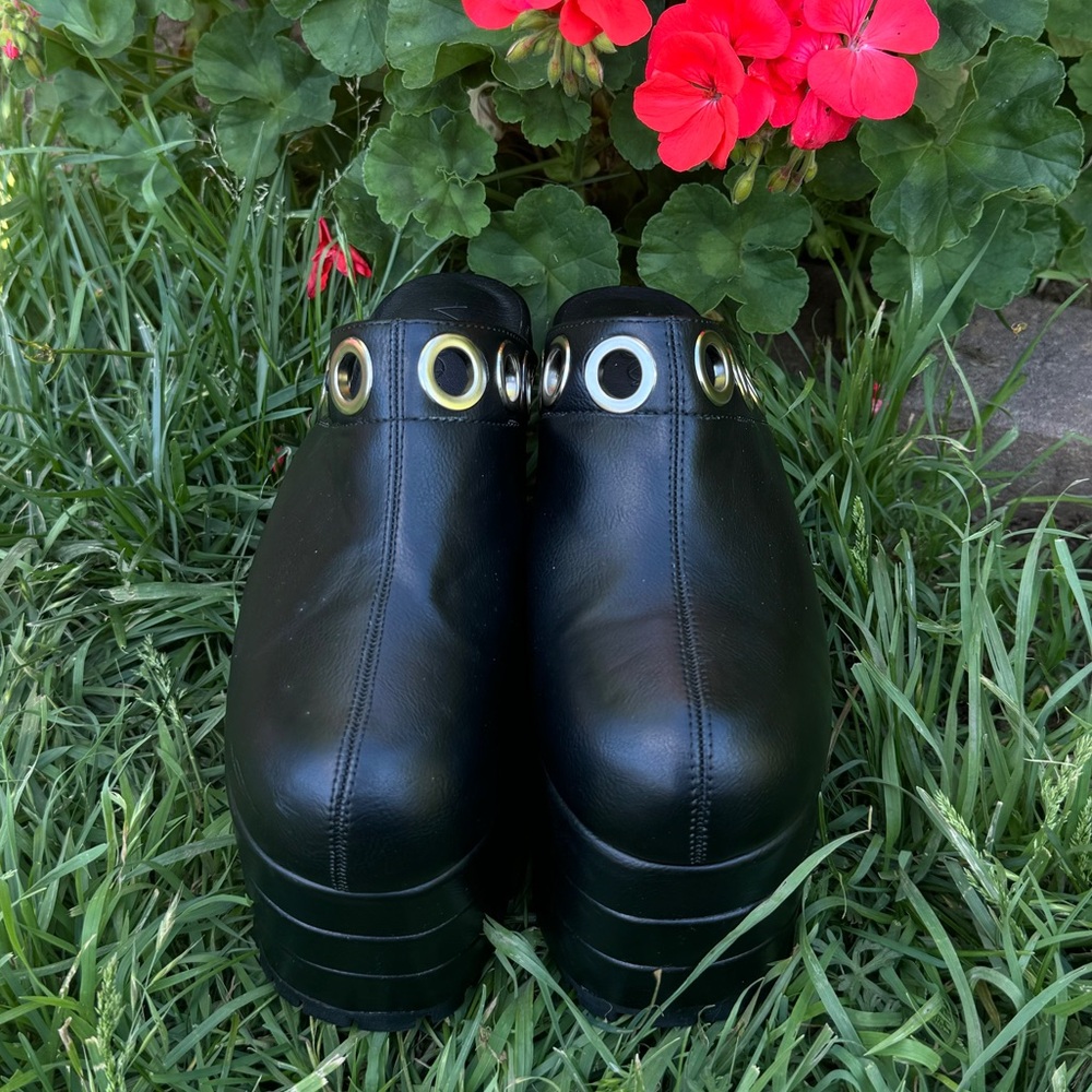 Dolls Kill Black Platform Clog Mules with Silver Eyelets - Picture 4 of 9